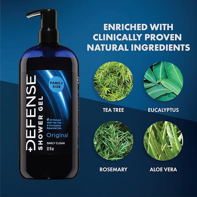 Defense Soap Body Wash 32 oz with Tea Tree, Eucalyptus, Rosemary & Aloe + Silicone Body Scrubber & Shower Hook | Complete Cleansing & Exfoliation Set for Athletes, Families, and Active Lifestyles