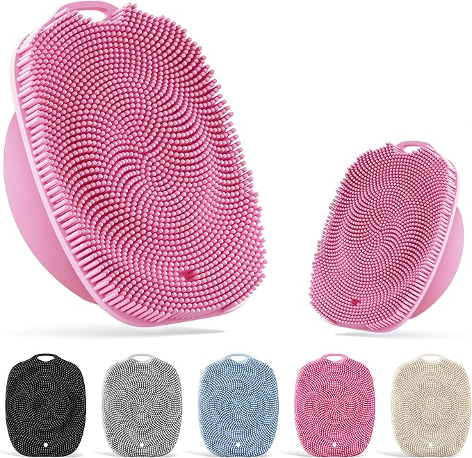 Soft Silicone Body Scrubber, Face Scrubber Silicone, Gentle Texture Exfoliating Body Scrubber for Men and Women On Sensitive Skin, Back Large Suction Cup for Easy Dry and Store (Pink)