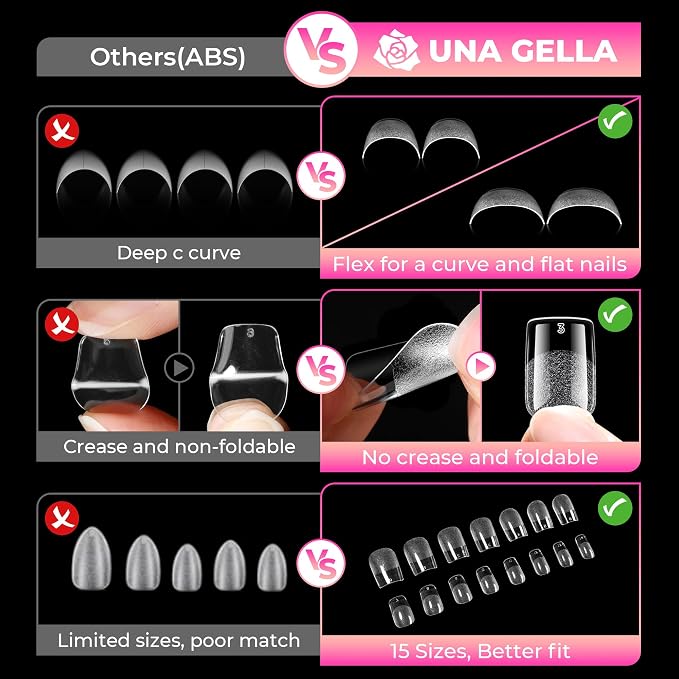 UNA GELLA Short Square Gel Nail Tips 510Pcs 15 Sizes Half Matte Full Cover | Pre-etched Short Square Press on Nails Fake Acrylic Clear Nails No C Curve Tips for Nail Extensions DIY Home Salon for Women
