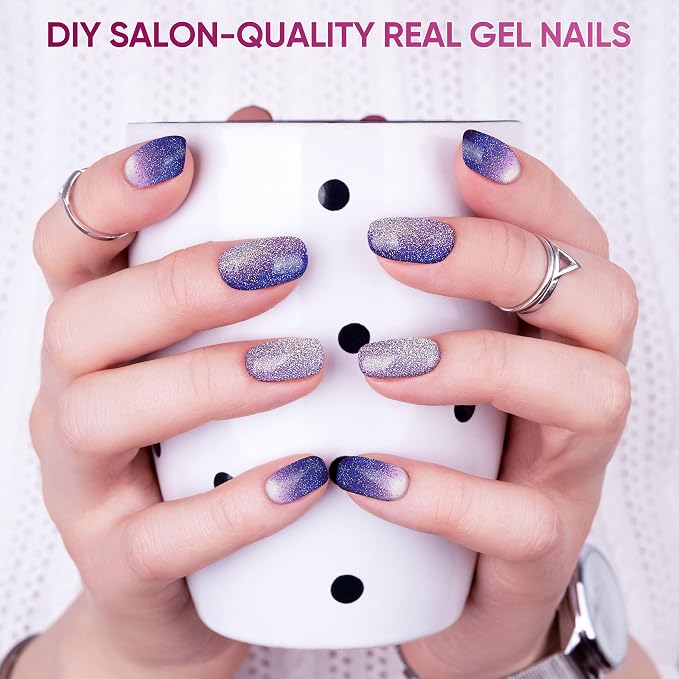 Semi Cured Gel Nail Strips, 22pcs UV Nails Polish Art Sticker, Nail Wraps with UV Light Required for Home Manicure DIY, Long Lasting, Easy Application & Removal, Salon Quality (Shine Purple 131)