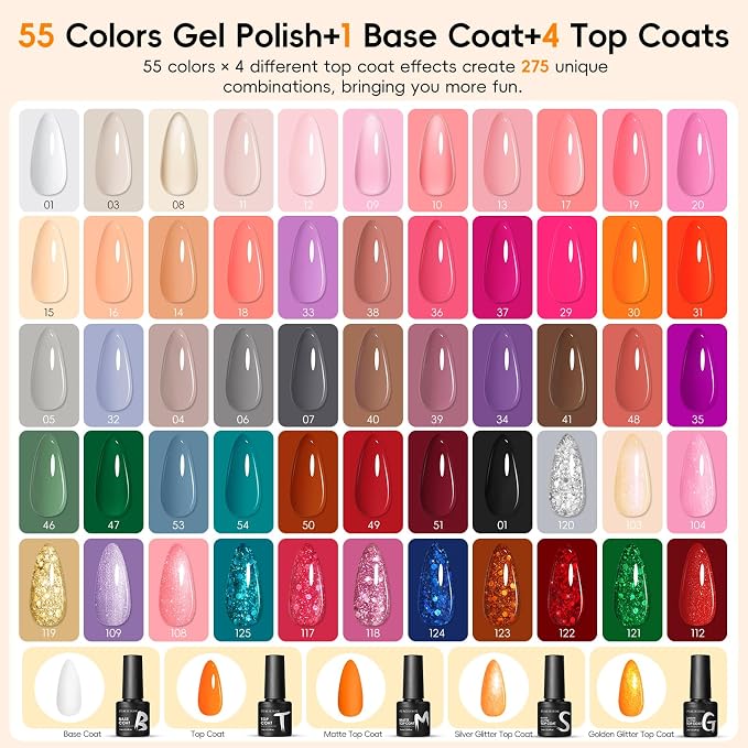 PEACECOLOR 60PCs Gel Nail Polish Set 55 Fall Winter Colors Brown Pink Red Gel Polish with 5Pcs Glossy/Matte/Glitter Top Base Coat Soak Off Long Lasting Manicure Kit Gifts for Women DIY Home