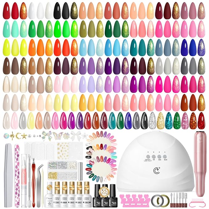 Peacecolor 83Pcs Gel Nail Polish Kit with U V Light and Drill, 56 Colors All Seasons Soak Off Gel Polish Set Cat Eye Gel with Matte/Glossy Glitter Base Top Coat Manicure Nail Kit Gifts for Women Girls