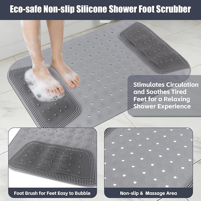 Silicone Shower Foot Scrubber Mat, 28.7"x18.9" Shower Mat, Grey | Foot Scrubber for Shower, Bathtub Shower Mats, Drain Hole, Non-Slip Suction Cups, Foot Care, Spa, Reduces Pain, Easy to Clean