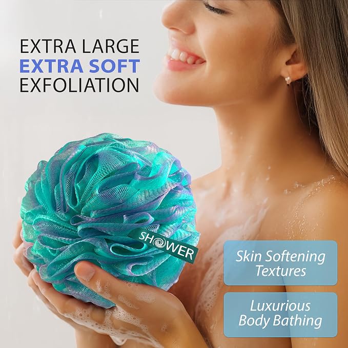 SHOWER BOUQUET Loofah-Bath-Sponge XL Swirl-Mix-Color 4-Pack Extra-Large 75g | Mesh Luffa Loufa Loofa Puff Pouf Set / Exfoliating Body Scrubber for Lufas Women and Men - Face & Body Shower Loofah Sponge