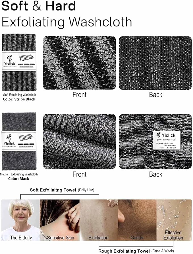 Yiclick Exfoliating Washcloth Towel, Back Scrubber for Shower for Women, Exfoliating Body Scrubber, Loofah Sponge Wash Cloth, Korean Japanese Exfoliating Shower Towel, Exfoliator Washer for Bath