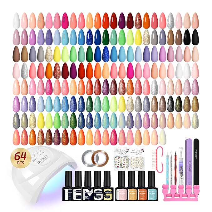 phoenixy Gel Nail Polish Kit with U V Light, 45 Colors All Seasons Soak Off 64 Pcs Gel Polish Nail Set with Base & Matte/Glossy/Glitter Top Coat Manicure Tools Complete Gel Nail Kit Gift for Women