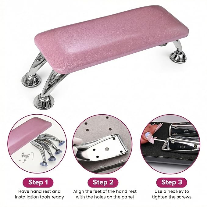 Arm Rest for Nails Tech, Easy Clean Nail Arm Rest, Reduce Back Pain for Nails Tech, Sturdy Support Armrest for Nails Fits UV LED Nail Lamp Underneath, Salon & Home Use (Pink Glitter)