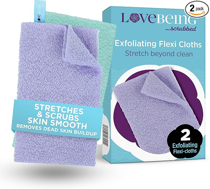 Love Being Scrubbed Exfoliating Flexi Cloths, Stretchy Back Scrubber for Shower & Bath, Exfoliating Body Scrubber for Smooth Skin, Body Scrubber for Men & Women (2 Count, Assorted Colors)