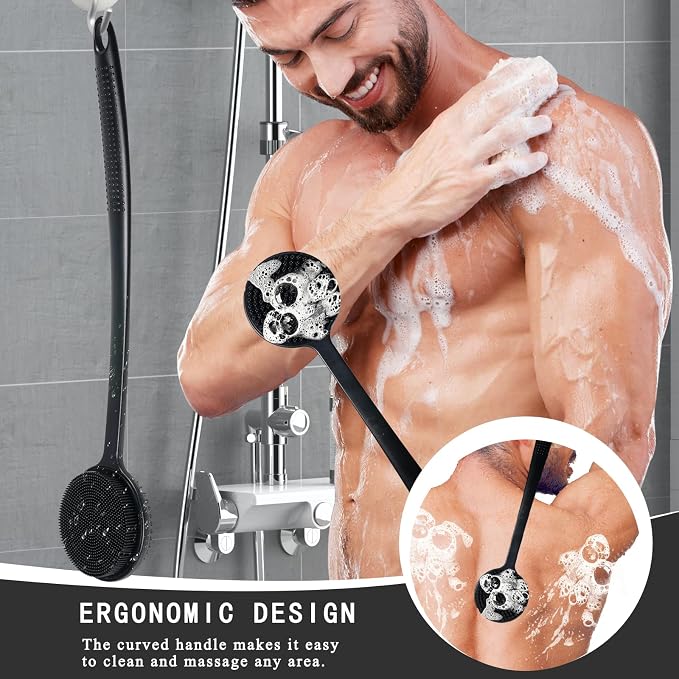 2 Pack Back Scrubber for Shower, 17in Lengthen Long Handle Body Brush, Double Sided Shower Brush for Shower Exfoliating and Massage Can Produce Rich Foam, Long Handle Back Scrubber for Men
