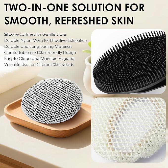 Hygienic Body Cleansing Scrubber with Exfoliating Net Sponge Case, Black | INNERNEED Soft Silicone Bristles Deep Clean & Massage Shower Scrub Brush with African Exfoliating Bath Mesh