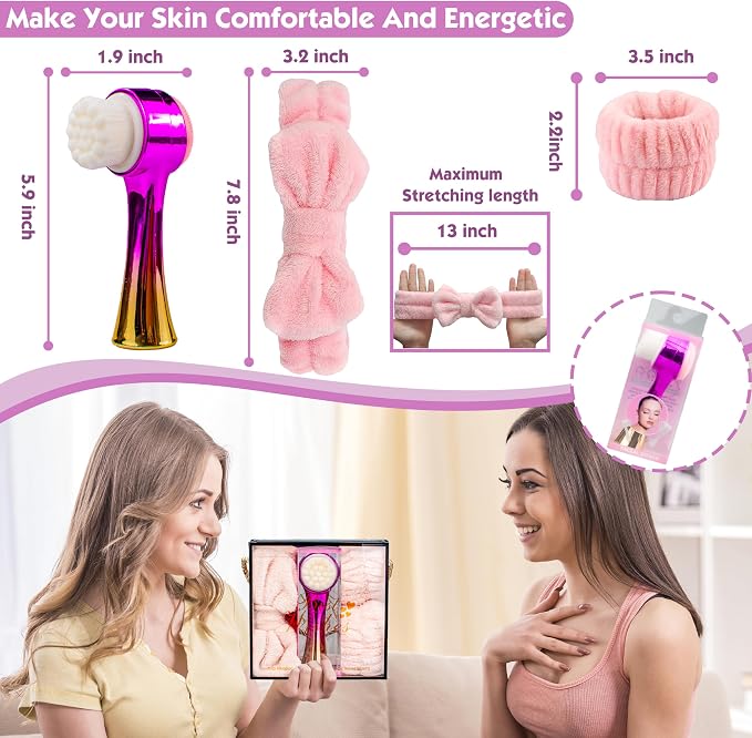 Manual Facial Cleansing Brush, 2-in-1 Skin Care face Brush, Skincare Headband and Wristband Set, 2 Pcs Face Mask Brush，6PCS (Gold+Pink)