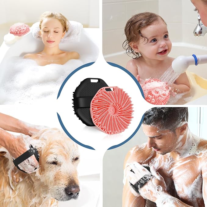 Silicone Body Scrubber, 2 PCS Exfoliating Body Scrubber, Silicone Loofah Bath Brush with Hand Strap, No-Slip Handheld Body Wash Brush Scrubber Shower Cleaning for All Skin Types(Black & Pink)