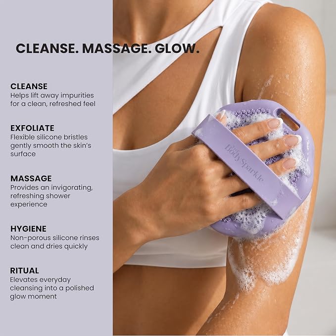 Silicone Body Scrubber for Shower & Bath – Food-Grade Silicone Body Brush with Ergonomic Handle for Cleansing & Gentle Exfoliation – Reusable Body Scrubber for Smooth Skin (Purple)