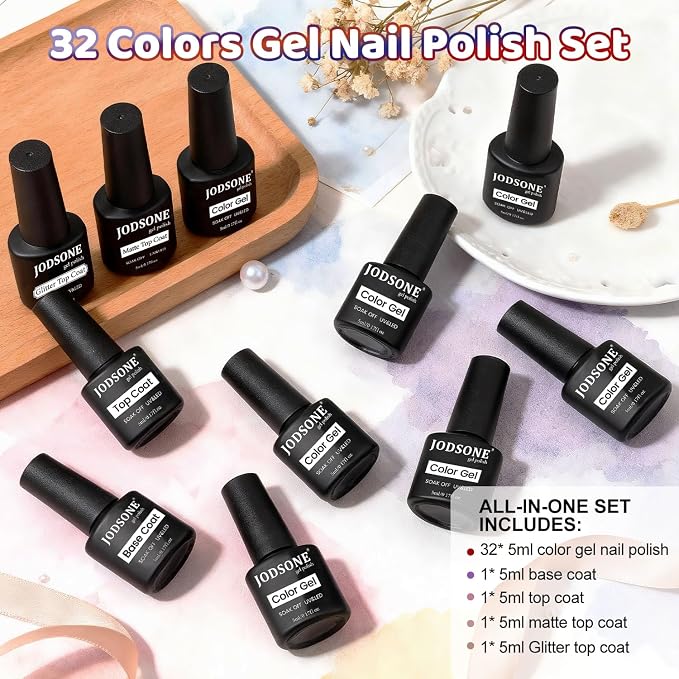 JODSONE 32 Colors Gel Nail Polish Kit with Base Coat Matte Glitter Top Coat Soak Off Manicure Tools Manicure Salon DIY at Home