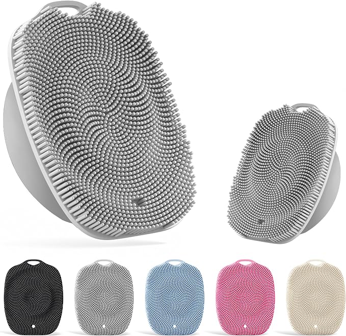 Soft Silicone Body Scrubber, Face Scrubber Silicone, Gentle Texture Exfoliating Body Scrubber for Men and Women On Sensitive Skin, Back Large Suction Cup for Easy Dry and Store (Gray)