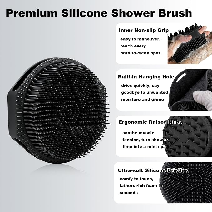 Silicone Body Scrubber for Men Women, Dual-Sided Bath Brushes Gentle Exfoliating Body Scrubber Scalp Massager for Deep Cleansing, Soft Silicone Loofah Body Washing Brushes (Black)