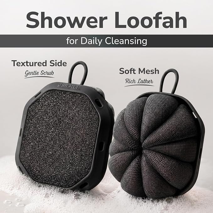 SILKLE Shower Loofah - Silicone Body Scrubber & Body Sponge for Bath, 2Pack | Double-Sided 2-in-1 Silicone Loofah - Soft Mesh + Firm Exfoliating Side, Shower Sponge with Non-Slip Grip, Quick-Dry - Black