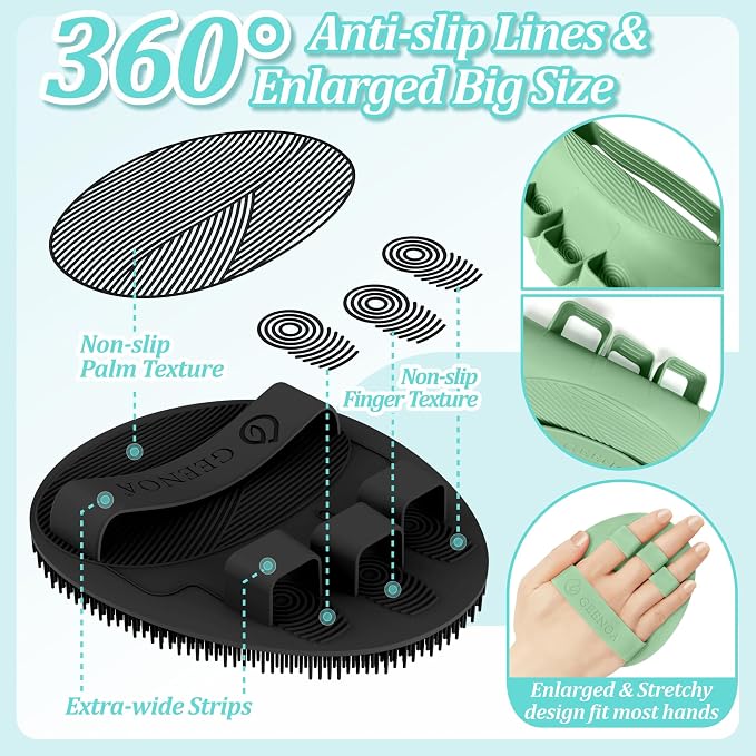 New Silicone Shower Scrubber with Straps, 360° Anti-Slip & Enlarged Body Scrubber for Rich Foaming Deep Cleaning, Revolutionary No-Grip & Hand-fit Bath Glove for All Skin Types(Black+Green)
