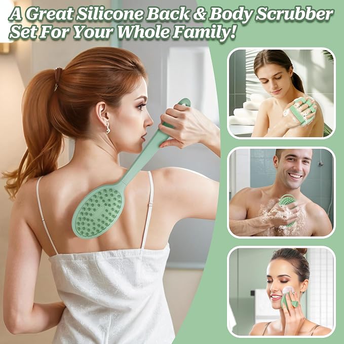 Silicone Back/Body/Face Scrubber & Soft Bath Glove Set 4PCS, Gentle Exfoliating Back & Body Scrubber with Dual-Side Brush Head, Hand-fit Bath Glove & Face Scrubber for Deep Cleaning(Green-4PC)