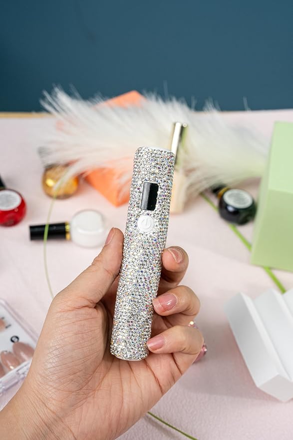 Handheld UV Light with Sparkly Rhinestones White | Portable LED Nail Lamp, Wireless USB Nail Dryer with Silicone Stamper Display Screen for Fast Curing Home DIY Manicure