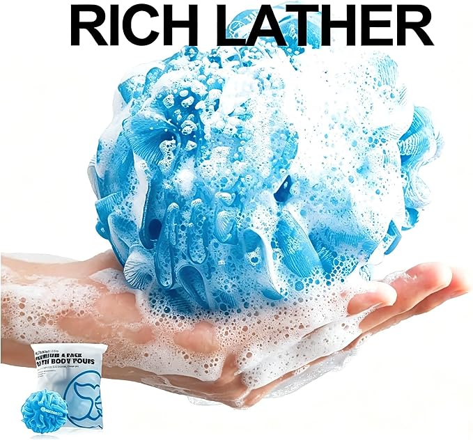 Loofah Bath Sponges - Gentle Exfoliating Shower Loofah for Rich Lather, Durable Mesh Body Scrubber for Men & Women 4 Pack (Sky Blue) | 10X Suds Save Body Wash Double Knotted Anti Tear Core Fast Dry Cotton Loop Stay Fresh Large Mesh for Sensitive Skin