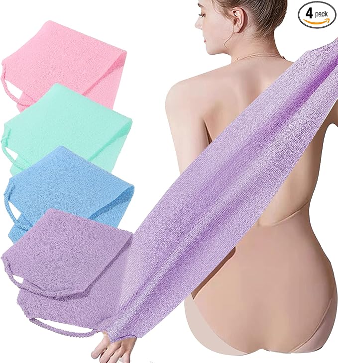 4 Pack Exfoliating Body Scrubber with Handles, Nylon Exfoliating Cloth Extended Length Back Scrubber Stretchable Pull Strap Shower Back Scrubber for Shower for Women&Men(4 Pack-Green+Blue+Purple+Pink)