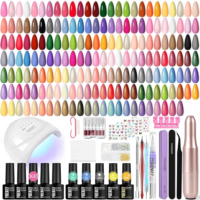 Phoenixy 68 PCS Gel Nail Polish Kit with Nail Drill UV Lamp and Decoration | 45 Colors Gel Nail Polish Set with Base Top Coat Professional Nail Kit with Everything Best Gift for Women Manicure at Home