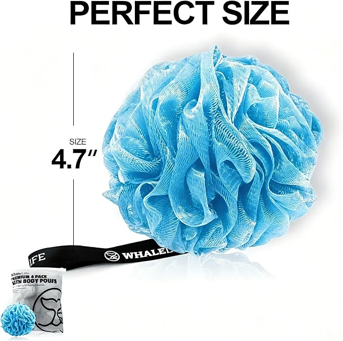 Loofah Bath Sponges - Gentle Exfoliating Shower Loofah for Rich Lather, Durable Mesh Body Scrubber for Men & Women 4 Pack (Sky Blue) | 10X Suds Save Body Wash Double Knotted Anti Tear Core Fast Dry Cotton Loop Stay Fresh Large Mesh for Sensitive Skin