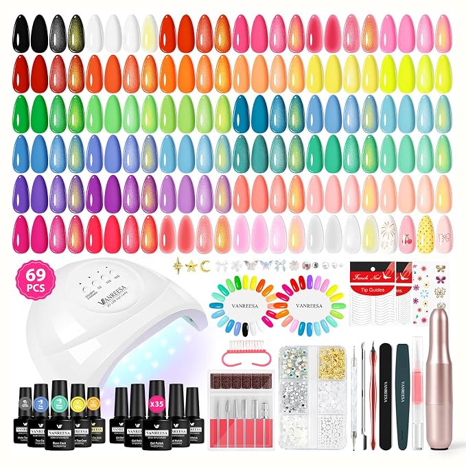 VANREESA 69PCS Gel Nail Kit with 48W U V Nail Lamp and Electric Nail Drill | 35 Summer Colors Gel Nail Polish with 1 Base & 4 Top Coat Complete Gel Nail Polish Set for Beginners Gifts for Women