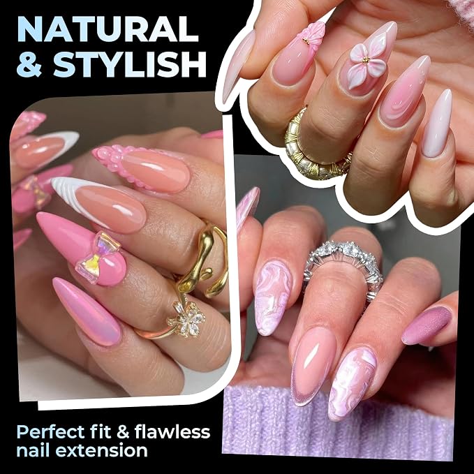 UNA GELLA Stiletto Gel Nail Tips Medium 15 Sizes Pre-Etched Clear Tips | 300PCS Easy DIY Salon Stiletto Almond Press On Nails Snug Fit Full False Fake Nail Extensions Long-Lasting Hold