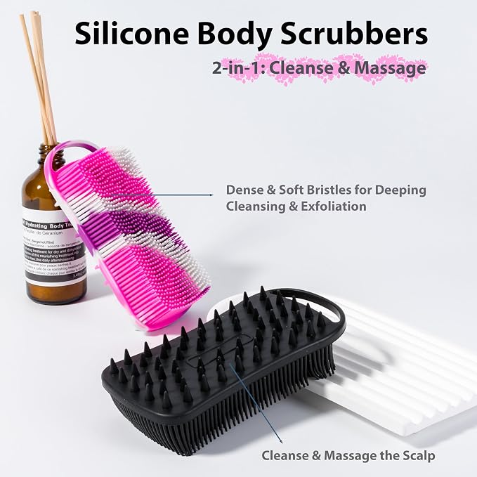 MtBoi 2 PC Silicone Body Scrubber, 2 in 1 Exfoliating Shower Bath Scrubber, Soft Silicone Loofah for Sensitive Skin, Shower Hair Scalp Massager, Easy to Clean, Lather Well (Black&Purple)