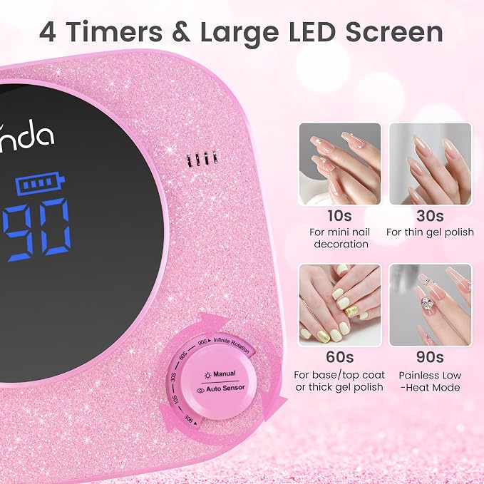Lavinda 54W Cordless Pink Glitter Nail Lamp for Gel Nails | 2-hour charge, 4–6 hr runtime, acetone-resistant shell, vented cooling, full-hand and pedicure space, beauty content setups