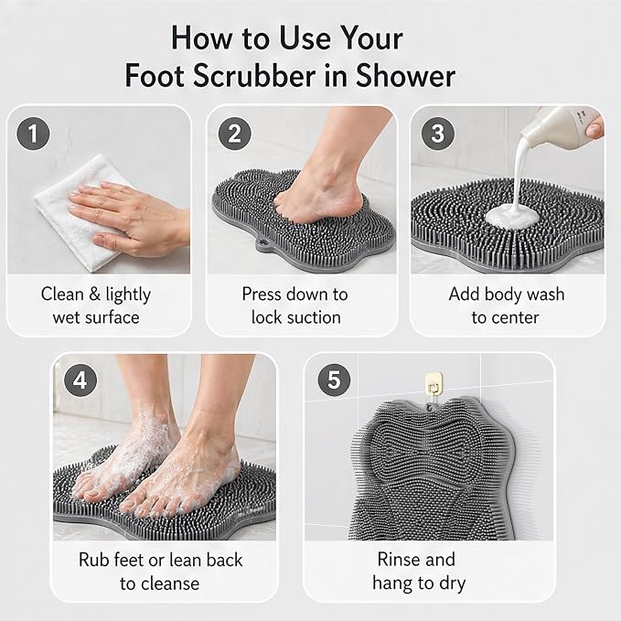 Silicone Shower Foot Scrubber Mat, Dual-Sided, 11.8 x 11 in, 1 Pack | Foot Scrubber in Shower for Deep Cleaning & Exfoliation. Wall-Mounted or floor use with suction cups for feet and back.