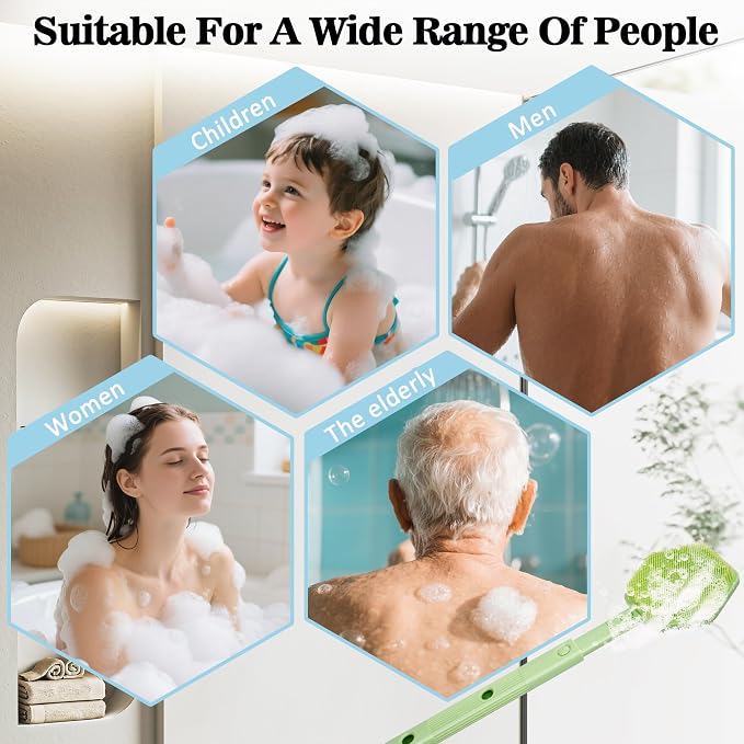 Silicone Back Scrubber for Shower with 21" Extendable Handle-Dual-Sided Long Handle Bath Brush for Exfoliating & Massage–Non-Slip Grip, Gentle&Deep Cleansing Body Brush for Men, Women, Seniors (Green)