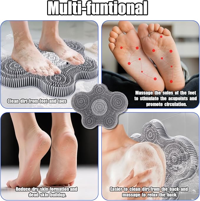 Kalolary Silicone Shower Foot Scrubber Mat with Non-Slip Suction Cups | Back Exfoliating Cleaner Foot Scrubber in Shower Cleaner Brush to Exfoliate and Massage Feet Without Bending Over (Flower)