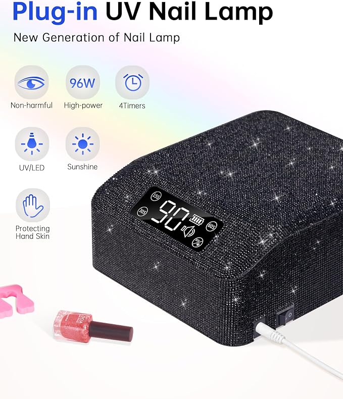 UV LED Nail Lamp, Plug-in Nail Dryer UV Light for Gel Nails Salon & Home | 39 Beads | 96W | Auto Sensor | Detachable Base | 4 Timers | Rhinestone | Black Sparkly