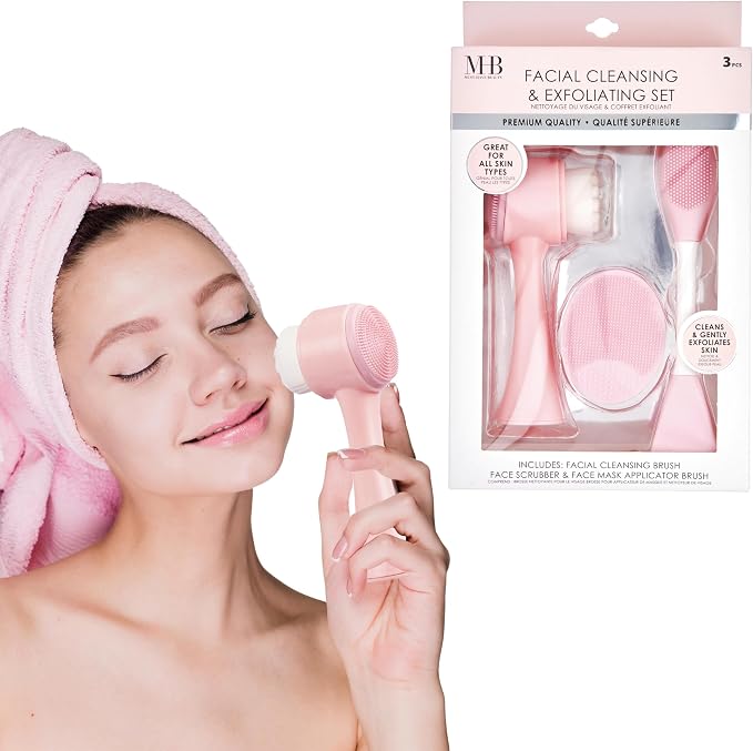3pc Facial Cleansing & Exfoliating Set - Complete Face Cleanser Collection | Gentle Exfoliating Scrub, Cleansing Brush & Face Wash. Skincare Kit for All Skin Types & Women