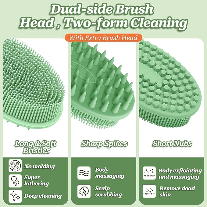 Silicone Face & Back Scrubber Set, Manual Face & Body Scrubber Exfoliator with Soft Bristles and Non-Slip Handle, Back Brush Bath Brush with 2 Detachable Brush Heads(3PCS Green Set)