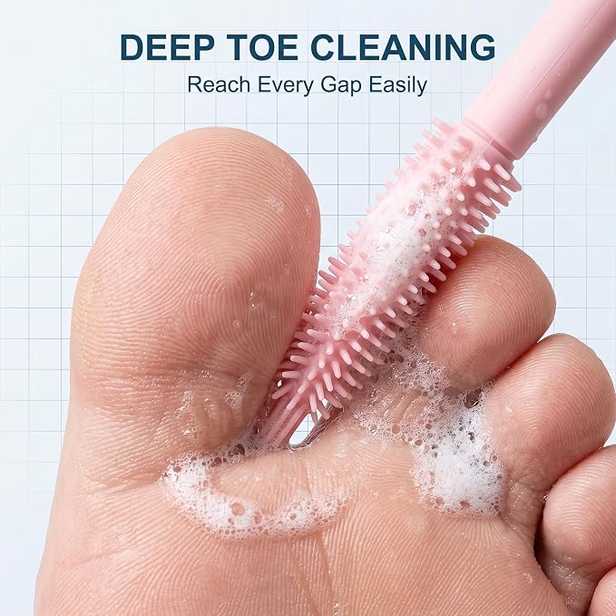 2 Pack Toe Cleaning Brush with Long Handle – Soft Rubber Toe Cleaner & Foot Scrubber for Shower, Exfoliating Foot Brush for Seniors, Men & Women (Pink)