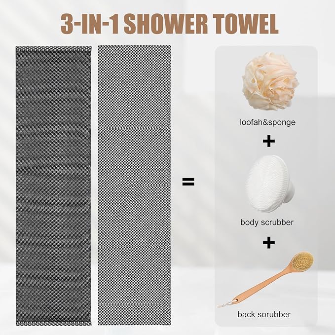 Mindsoft 1 Pcs Exfoliating Shower Towel Premium Scrub Wash Cloth for Body Face 2-in-1 Shower Towel for Smooth Skin Exfoliating Washcloth with 2 Sides for All Skin Types for Women Men (Black)