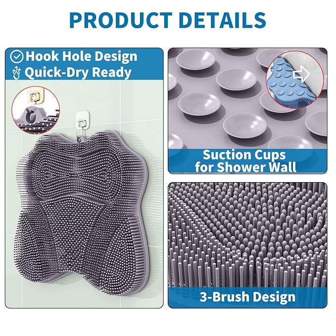 Foot Scrubber in Shower, Shower Foot Scrubber Mat,Silicone Body Scrubber,Back Scrubber with Suction Cups,Shower Body Deep Cleaning Foot Brush Exfoliating Massage Cleaner(Grey)