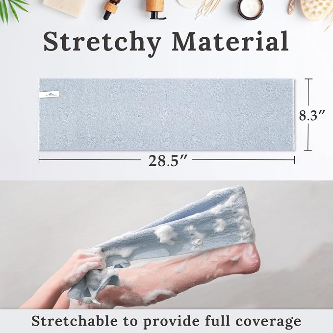 myHomeBody Exfoliating Washcloths for Showering, Sky Blue, Set of 2 | Stretches for Hard-to-Reach Areas, Loofah Body Scrubber Exfoliator, Back Shower Towel, Bath Washer for Exfoliation