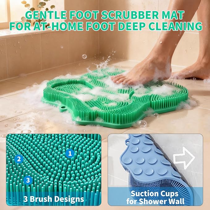Show Foot Scrubber Mat & Silicone Back Scrubber with Butterfly Form Design,3 Brush Designs for Deep Cleaning Shower Foot Scrubber Mat, Wall Mounted Back Scrubber Silicone Bath(Mint Green)