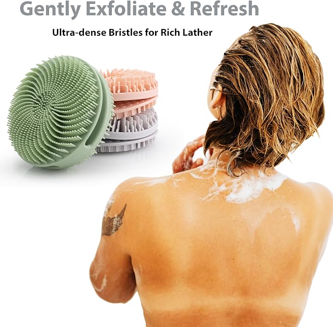 MtBoi 2 Pack Silicone Exfoliating Body Scrubber, Silicone Body Brush, Soft Silicone Loofah for Sensitive Skin, Shower Head Massager, Easy to Clean, Lathers Well(Pink&Black)