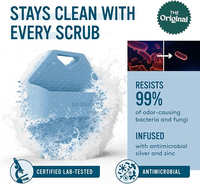Sud Scrub® Antimicrobial Silicone Body Scrubber, Exfoliating Body Brush for Sensitive Skin, Antibacterial Shower Scrubber for Body, Bathroom Essentials for Men & Women, Blue