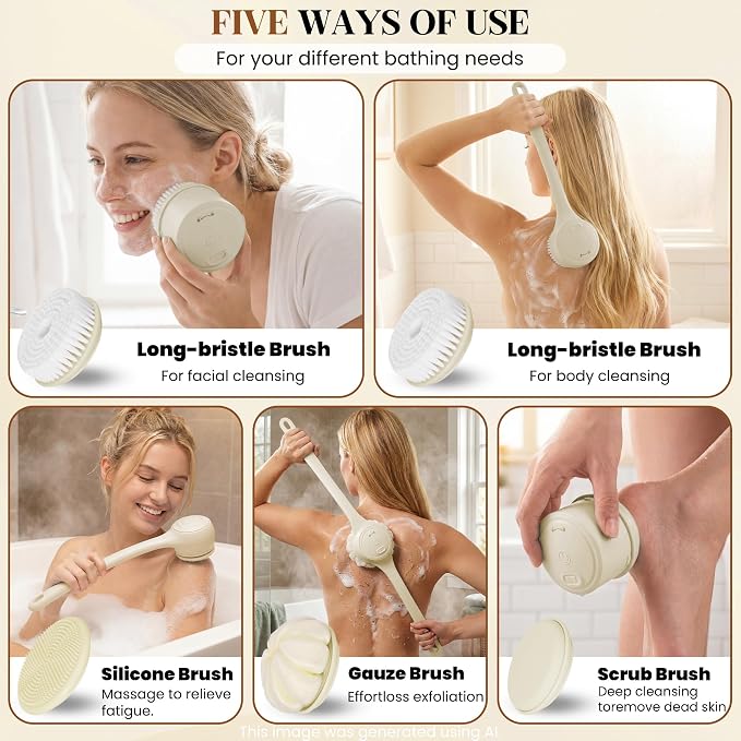 Electric Back Scrubber, Automatic Rotating Exfoliating Massage Bath Brush, Rechargeable, 2 Speed Settings for Cleansing, Exfoliating, and Massaging Skin. (Khaki)