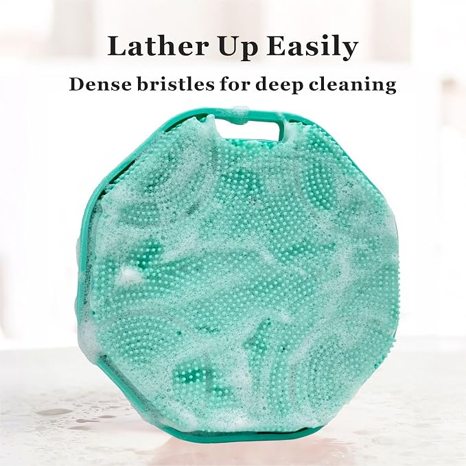 Silicone Body Scrubber 2-Pack, Shower Scrubber with Soft Bristles | 100% Silicone, Soft Bristles, Hole for Hanging, Anti-Slip Strap, Gentle Exfoliating, Lather Well, Sensitive-skin safe