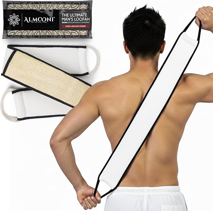 ALMOONI Men's Back Scrubber for Shower, Loofah Sponge, Black, 1 Count | Natural Egyptian Loofah Sponge, Long Back Scrubber, Cotton Handles, Men's Shower Scrubber, Gentle Exfoliation