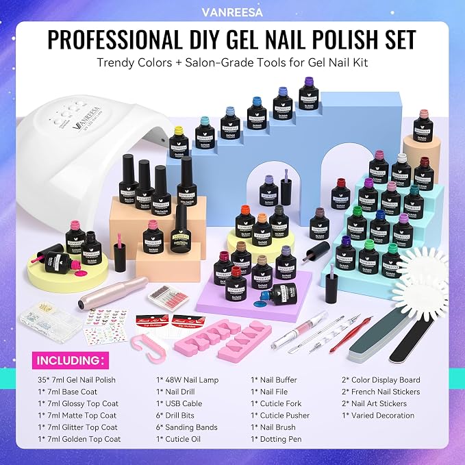 VANREESA 69PCS Gel Nail Polish Set with Nail Lamp and Electric Nail Drill | 35 All Seasons Colors Gel Nail Polish with Base Coat & 4 Top Coat Professional Gel Nail Kit for Beginners Gifts for Women