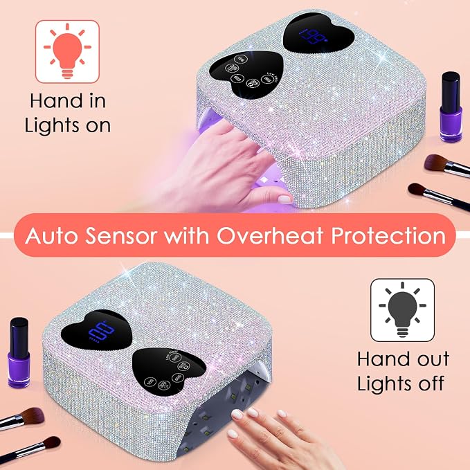 UV LED Nail Lamp Cordless, HUITINE 80W Rechargeable UV Light for Gel Nails | Professional Gel Light Dryer with 5 Timers & Mirror Base, Sparkling Rhinestones Diamond Curing Lamp for Salon & Home